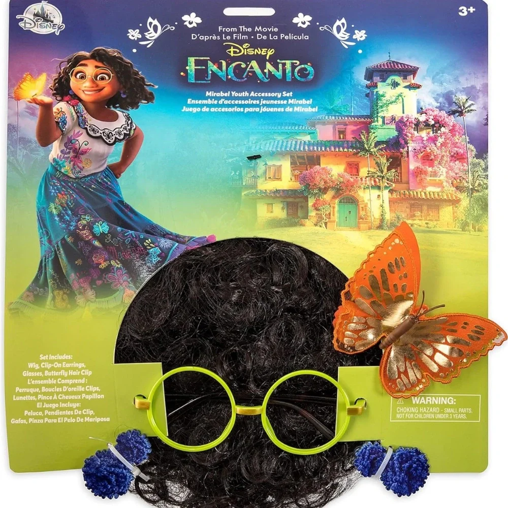 Disney Encanto Black Wig with Orange Butterfly and Green Glasses